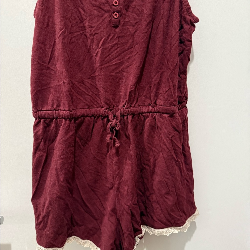 Pact Organic Burgundy Lace Trim Pajama Romper with Drawstring Waist